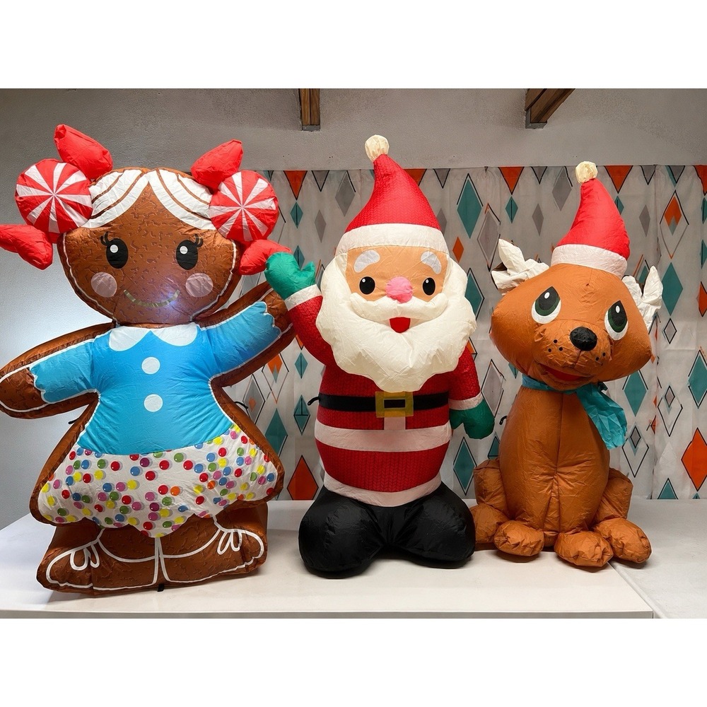 3 Holiday Time 3.5'-4' Inflatables Christmas Gingerbread Girl Santa Claus Puppy
